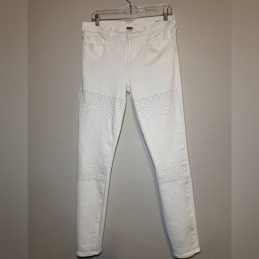 True Religion White Halle Mid Rise Super Skinny Swarovski Crystals size 32